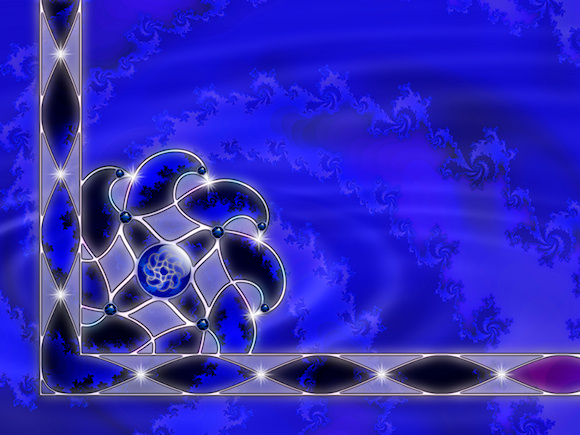 An abstract work in watery blue and silver. A clear blue gem is surrounded by silver-edged waves accented with sparkling sapphires and white starbursts. The rippling, spiraling fractals in the background appear in deeper colors inside the silver filigree of the wave motif.