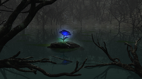 A dark, still pond surrounded by leafless trees. On a rock in the middle of the water, a single, glowing, blue rose. 'The blue rose means mystery. An appreciation for the enigmatic, the inexplicable is expressed by the blue rose. A tantalizing vision that cannot be totally pinned down, a mystery that cannot be fully unraveled is the blue rose.' 'Due to the absence in nature of blue roses they traditionally signify a mystery, or attaining the impossible, or never ending quest for the impossible. They are believed to be able to grant the owner youth or grant wishes.'