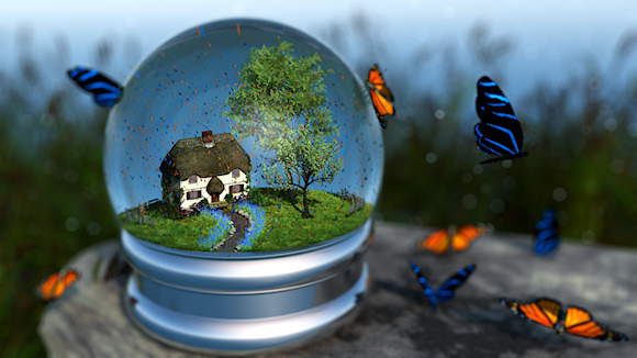 Inside a 'snow globe' is a summer landscape with a cottage overshadowed by maple and cherry trees. The surrounding grassy field is filled with lilies and wildflowers in bright colors. Roses and ivy climb the wall of the little house. It's a late summer day, and a thousand bright orange and blue butterflies swirl around the globe.