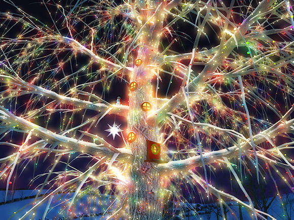 A leafless tree with a sprinkling of snow is sparkling with many-colored lights against a dark winter sky. Some little creature has made its home in the tree trunk - there's a tiny red door with a Christmas wreath on it, and on along the trunk are little round windows glowing with the warm firelight and candlelight from inside.