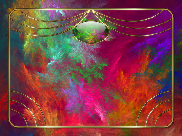 Brilliant orange, pink, blue, green, purple, yellow, and turquoise fractal patterns like a riot of coral, with decorative gold framing containing a single smooth gem.