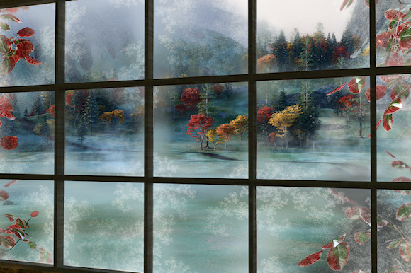 A chilly autumn landscape viewed through a frosted window early one morning. Fir and pine trees with ice whitening their needles, maples in shades of red, orange, and yellow, frost-whitened grass seen through the fog rising from a hidden stream. Flanking the window on either side are red-and-green rose leaves.