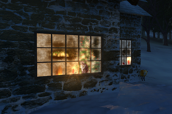 Looking in the cottage windows on a frosty winter night just before Christmas. Bright red candles are alight, sending a warm glow out over the snow. The Christmas tree and mantle are decorated with crimson and gold balls. A calico cats looks out the window at a chickadee sitting outside on the sill, and a pair of foxes peep around the corner of the little house.