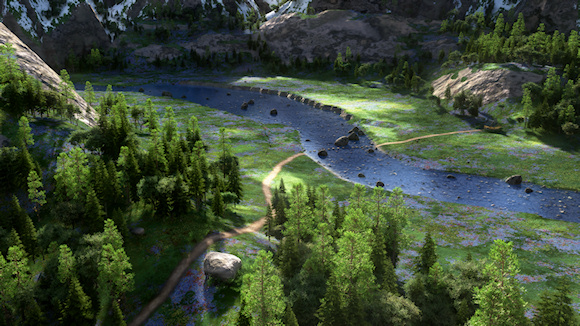 A winding path leads over the mountains to a solitary river valley. It crosses the rocky stream over a line of stepping stones and ends at a lonely house nestled under the trees at the foot of the hills. The mountain meadow is filled with the green grass and patches of blue and pink flowers. The overshadowing peaks are still covered with snow on this spring morning.