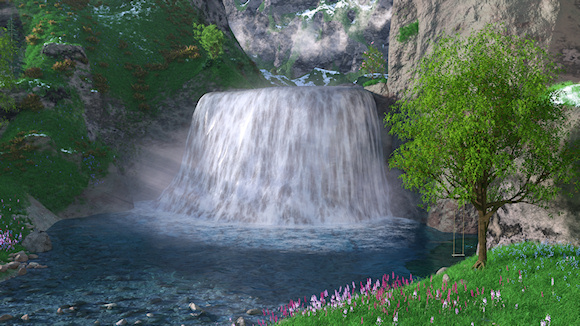 Foaming water falls into the deep pool and feeds a rocky mountain stream. Grass and heather soften the rock walls overshadowing the falls, with patches of snow showing that it's still a cold spring day. Beside the pool stands a tree with a wooden swing hanging from its branches. Early spring foxgloves and cornflowers sprinkle the grassy banks, and shafts of sunlight glitter in the spray.
