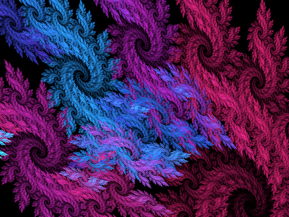 Swirling fractal patterns of dark pink, purple, and blue against a black background, like the eye of a hurricane or an Oriental dragon.
