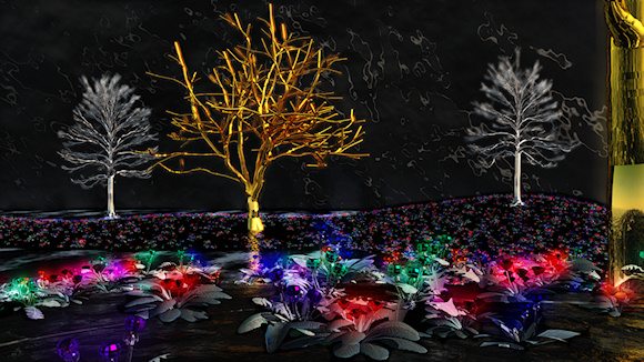 A 3D fantasy scene created in Vue, picturing a dark underground cavern. The black hills are covered in plants with glowing rubies, sapphires, emeralds, citrines, garnets, and amethysts in place of flowers. Towering over the growing jewels are trees of bright gold and silver.