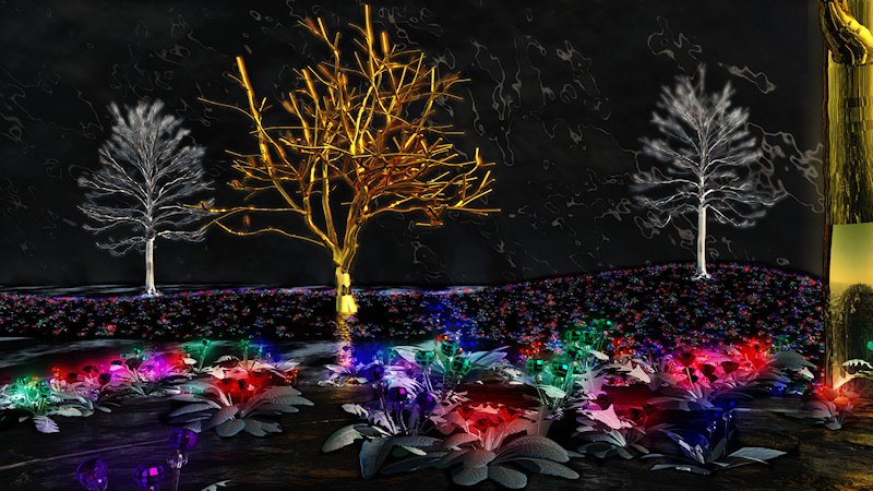 A 3D fantasy scene created in Vue, picturing a dark underground cavern. The black hills are covered in plants with glowing rubies, sapphires, emeralds, citrines, garnets, and amethysts in place of flowers. Towering over the growing jewels are trees of bright gold and silver.