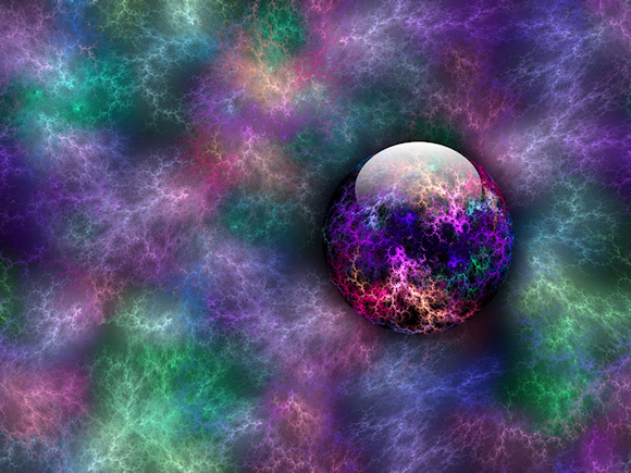 Vivid, glowing fractal patterns circle like a rainbow-colored electric storm with flashes of blue, green, purple, pink, and orange lightning. A dark but colorful gem nestles in the midst.