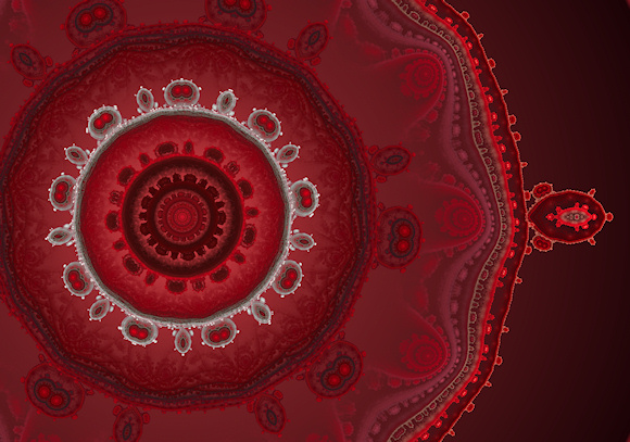 An ornate circular fractal of deep red and silver, like a crown studded with gems.