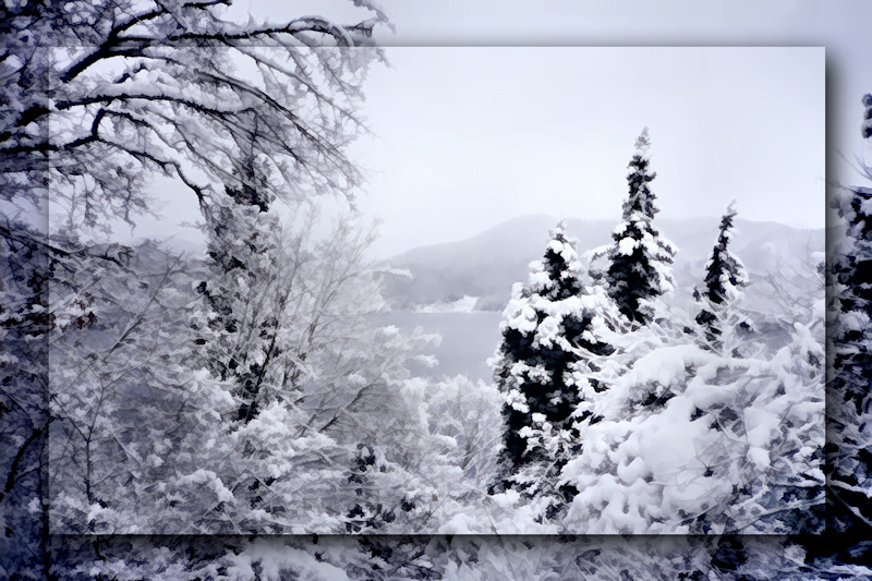 A photograph showing just a glimpse of the mountain lake through snow-covered fir trees. This landscape picture is digitally manipulated to look like a watercolor. Lake Nojiri is a glacial lake in the Japanese Alps. It is a popular resort summer and winter, and the 1998 Winter Olympics were held in nearby Nagano and the surrounding ski slopes. Though the climate is temperate and the lake rarely freezes over, the mountains are usually covered with several feet of snow in the winter.