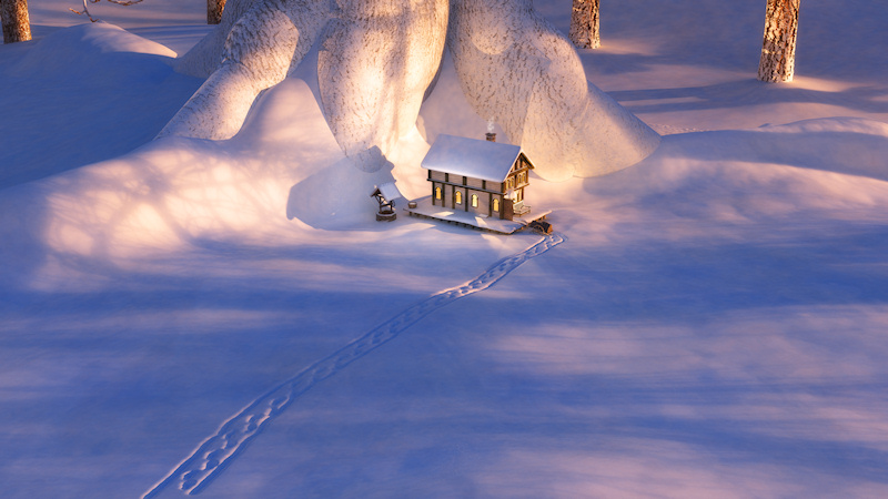 Hidden in a tiny clearing by the roots of a old tree in a snow-covered wood sits a miniature cottage. Welcoming light shines through the windows onto the deck. A wheelbarrow filled with firewood has left a track across the clearing to the open front door. Warm afternoon sunlight shines through the bare branches, warming the cottage and casting cool shadows on the fresh snow.