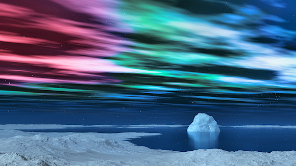 In the bay of a frozen land a great iceberg floats in the cold blue sea. Snowflakes and stars speckle the scene, and in the sky overhead the aurora glows in shades of pink, lavender, green, and blue.