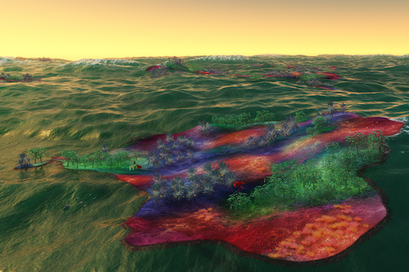 The sky was pure, flat gold like the background of a medieval picture. The ocean was gold too, in the offing, flecked with innumerable shadows. The nearer waves, though golden where their summits caught the light, were green on their slopes: first emerald, and lower down a lustrous bottle green, deepening to blue where they passed beneath the shadow of other waves. Far below him in a vast, momentary valley he saw the thing that had missed him. It was an irregularly shaped object with many curves and re-entrants. It was variegated in colour like a patch-work quilt-flame colour, ultramarine, crimson, orange, gamboge, and violet. It sat to the water like a skin, curving as the water curved. It took the wave�s shape at the top, so that for a moment half of it was already out of sight beyond the ridge and the other half still lying on the higher slope. This thing might have been thirty acres or more in area ... And that is the nature of the floating islands of Perelandra.'