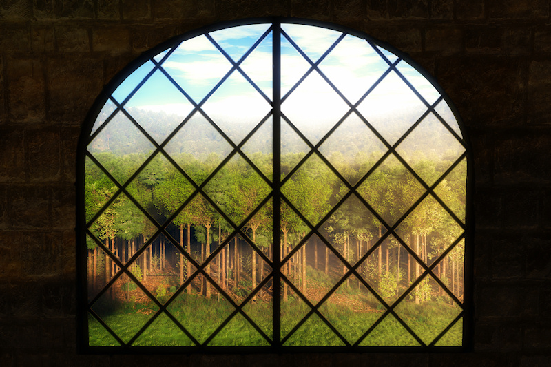 The window was built with a low arch, and filled with lozenge-shaped panes. As soon as I looked out of the window, a gush of wonderment and longing flowed over my soul like the tide of a great sea. Fairy Land lay before me, and drew me towards it with an irresistible attraction. The trees bathed their great heads in the waves of the morning, while their roots were planted deep in gloom; save where on the borders the sunshine broke against their stems, or swept in long streams through their avenues, washing with brighter hue all the leaves over which it flowed; revealing the rich brown of the decayed leaves and fallen pine-cones, and the delicate greens of the long grasses and tiny forests of moss that covered the channel over which it passed in motionless rivers of light.' - Phantastes, by George MacDonald