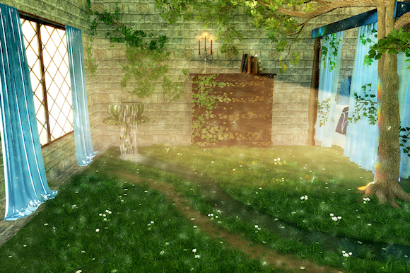 Curtains of pale blue silk fell like a cataract over the windows. A large green marble basin was overflowing like a spring; and that a stream of clear water was running over the carpet. And where this carpet, which I had myself designed to imitate a field of grass and daisies, bordered the course of the little stream, the grass-blades and daisies seemed to wave in a tiny breeze that followed the water�s flow. I saw that the branches and leaves designed upon the curtains of my bed were slightly in motion.  I found myself under the boughs of a great tree, whose top waved in the golden stream of the sunrise with many interchanging lights. Faint traces of a footpath, much overgrown with grass and moss, were discernible along the right bank.' - Phantastes, by George MacDonald