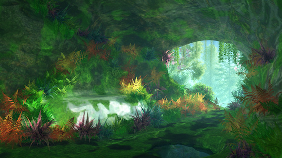 An opening in the rock, into which the path appeared to lead. A rocky cell, all the angles rounded away with rich moss, and every ledge and projection crowded with lovely ferns. A little well of the clearest water filled a mossy hollow in one corner... I took my knife and removed the moss from a part of the block on which I had been lying...  I saw before me with sufficient plainness�though at the same time with considerable indistinctness�a block of pure alabaster enclosing the form, apparently in marble, of a reposing woman. She lay on one side, with her hand under her cheek, and her face towards me.'- Phantastes, by George MacDonald