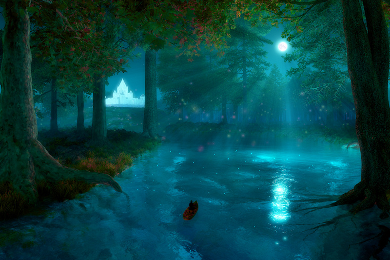 I went on my silent path beneath a round silvery moon. And a pale moon looked up from the floor of the great blue cave that lay in the abysmal silence beneath. Gigantic forest trees were about me; through which, like a silver snake, twisted and twined the great river... The stream bore my little boat with a gentle sweep round a bend of the river; and lo! on a broad lawn, which rose from the water�s edge with a long green slope to a clear elevation from which the trees receded on all sides, stood a stately palace glimmering ghostly in the moonshine: it seemed to be built throughout of the whitest marble.' - Phantastes, by George MacDonald