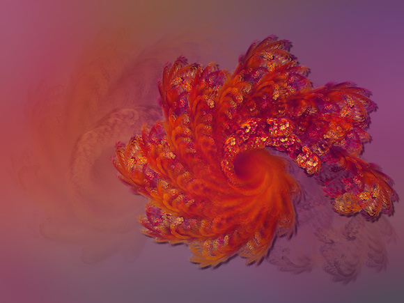 A repeated fractal pattern like the flaming feathers of the mythical firebird. Swirls of vivid orange, purple, and gold against a muted lavender and pale orange and pink backdrop.