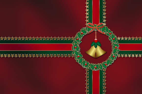 Golden bells hanging in the center of a holly wreath of dark leaves and red gems for berries, intersected by ribbons of red and green edged with gold stars. Like a Christmas present wrapped in dark red and tied with bright striped ribbons.