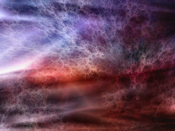 Swirling white fractal patterns over a backdrop of shades of orange and blue, like the sunrise breaking through the storm.