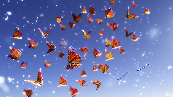 A stream of jewel-bright butterflies whirling through the blue summer sky amid a cloud of dandelion seeds, with a pair of dragonflies buzzing alongside.