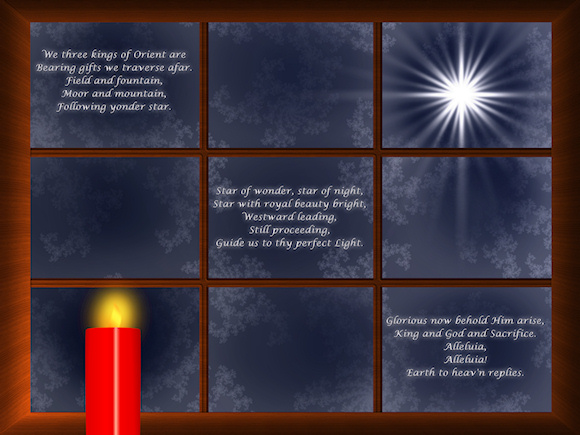 We three kings of Orient are Bearing gifts we traverse afar. Field and fountain, moor and mountain, Following yonder star.